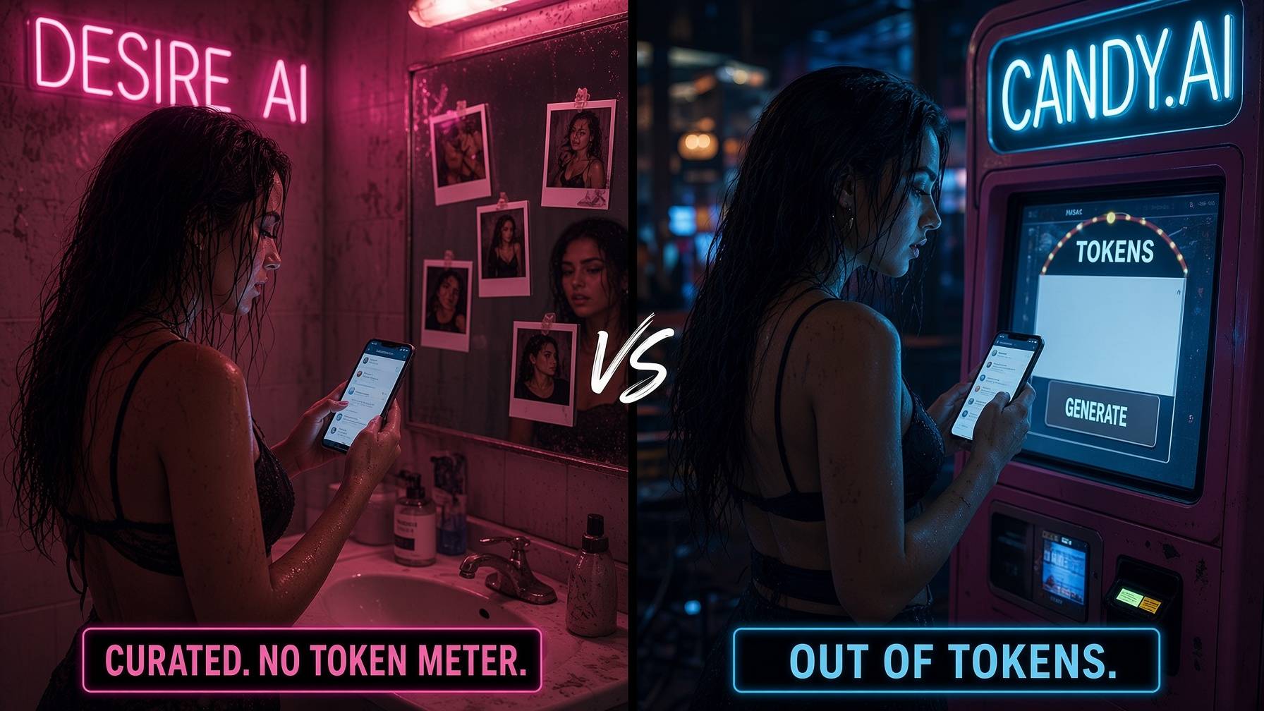 Motel bathroom Polaroids and a free chat versus a Candy.ai kiosk with an empty token wheel