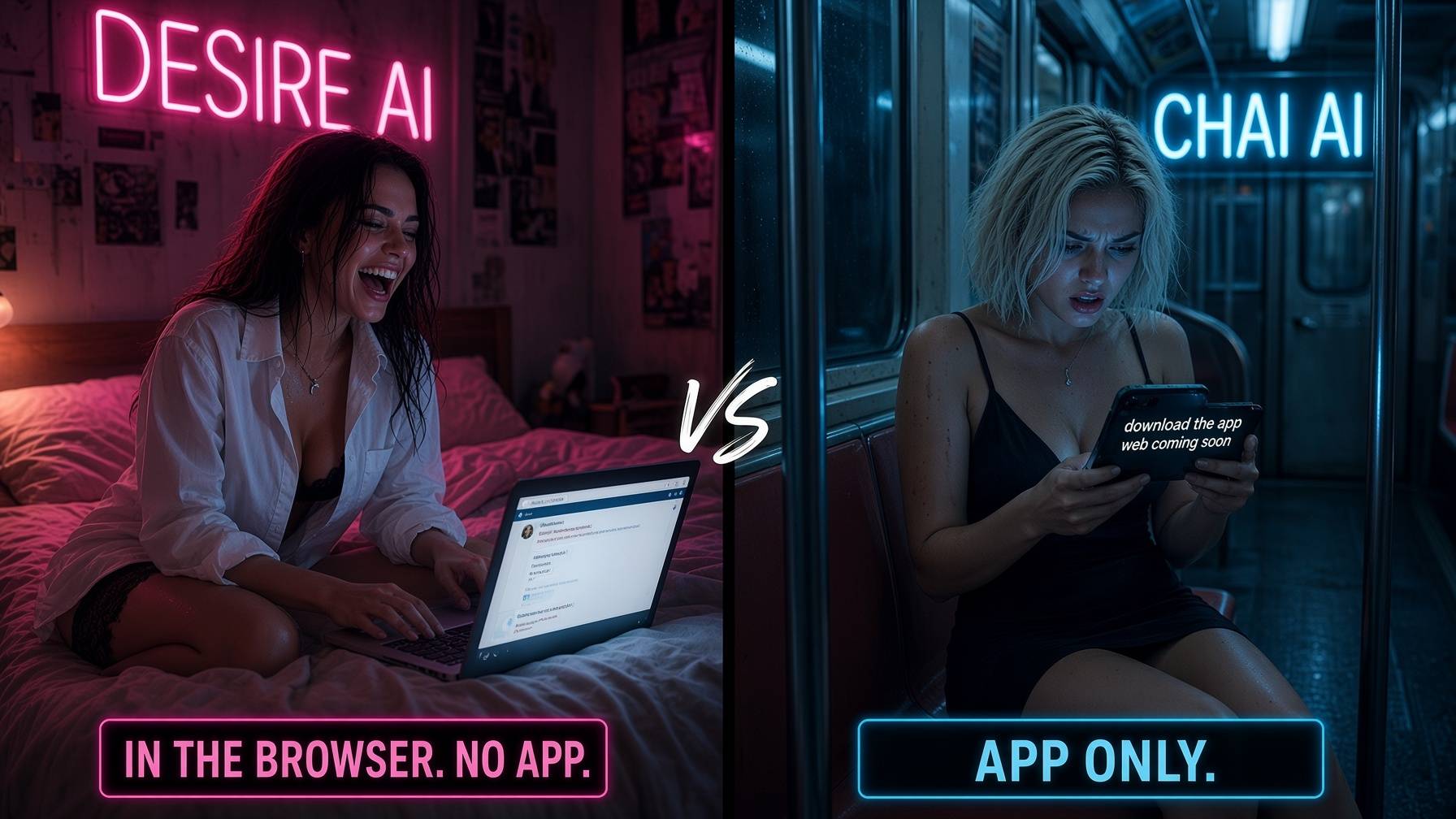 Woman chatting in a browser on a bed versus a commuter locked behind the Chai app