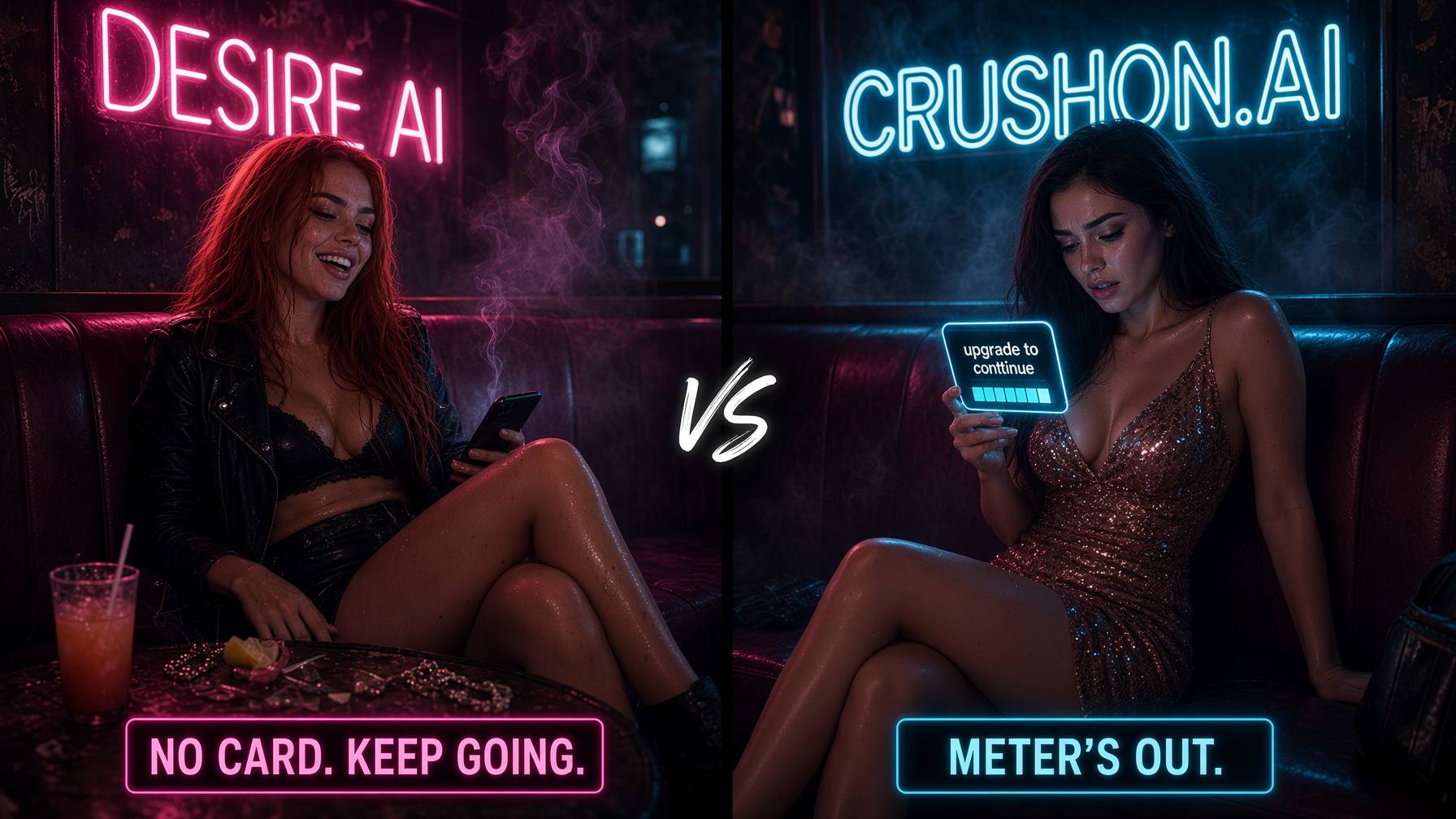 Nightclub booth: Desire AI chatting freely versus CrushOn credit meter empty