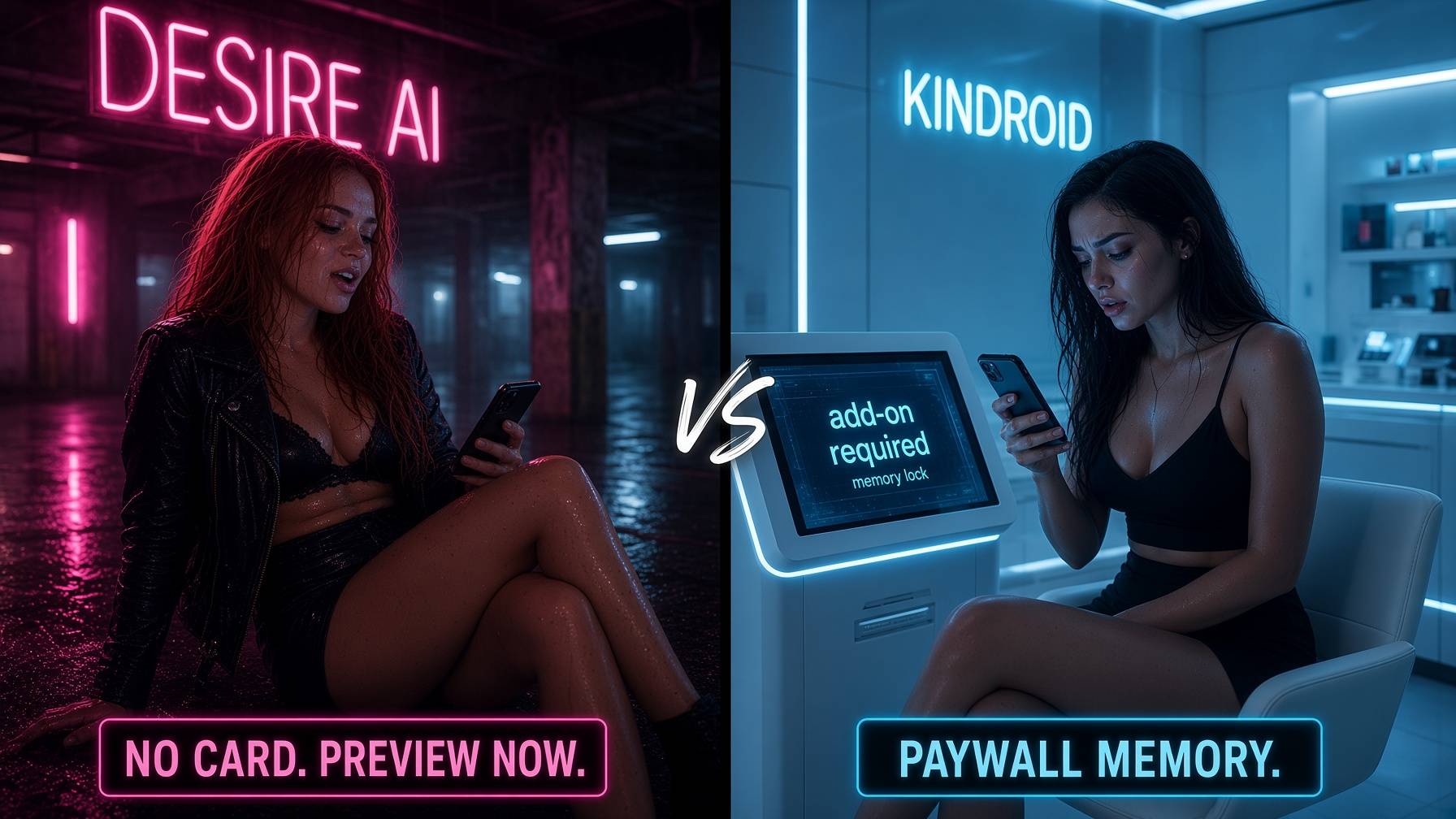 Rain-soaked garage preview versus Kindroid lounge kiosk saying add-on required