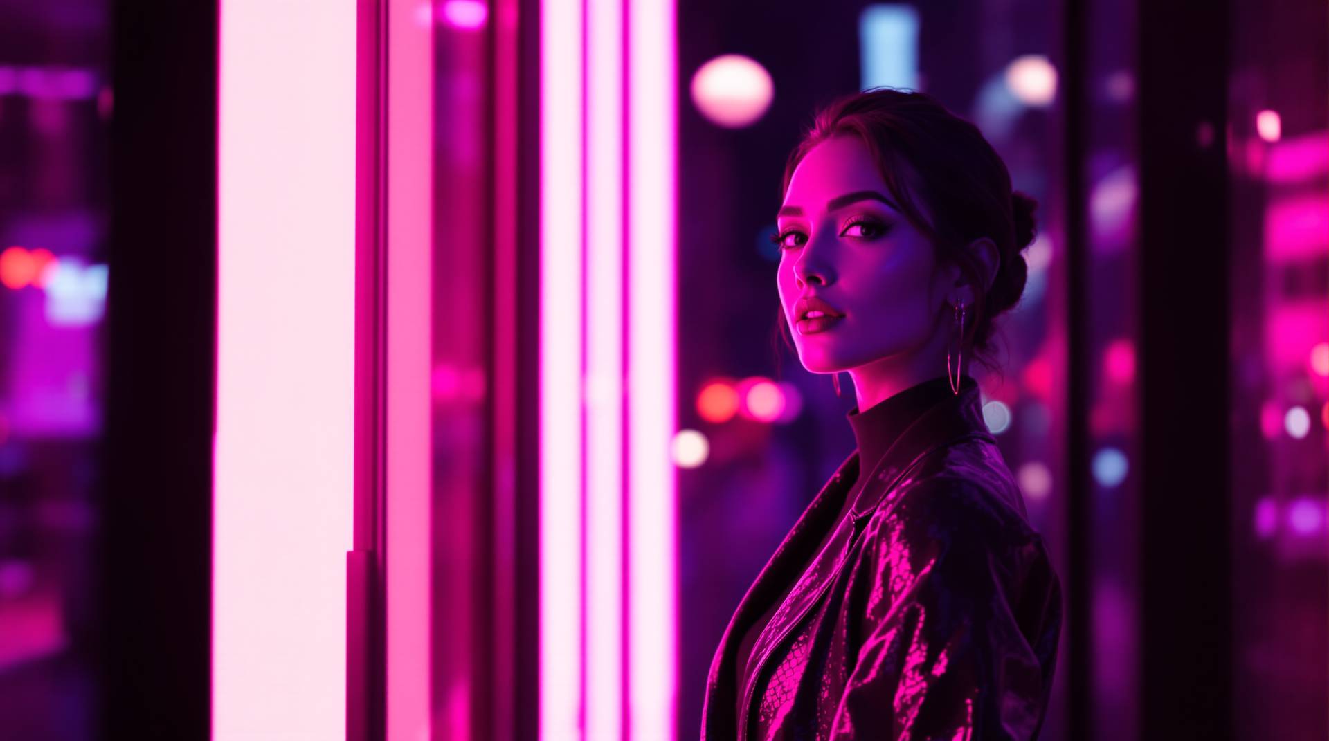 Woman in a leather jacket looking back under pink neon night lights