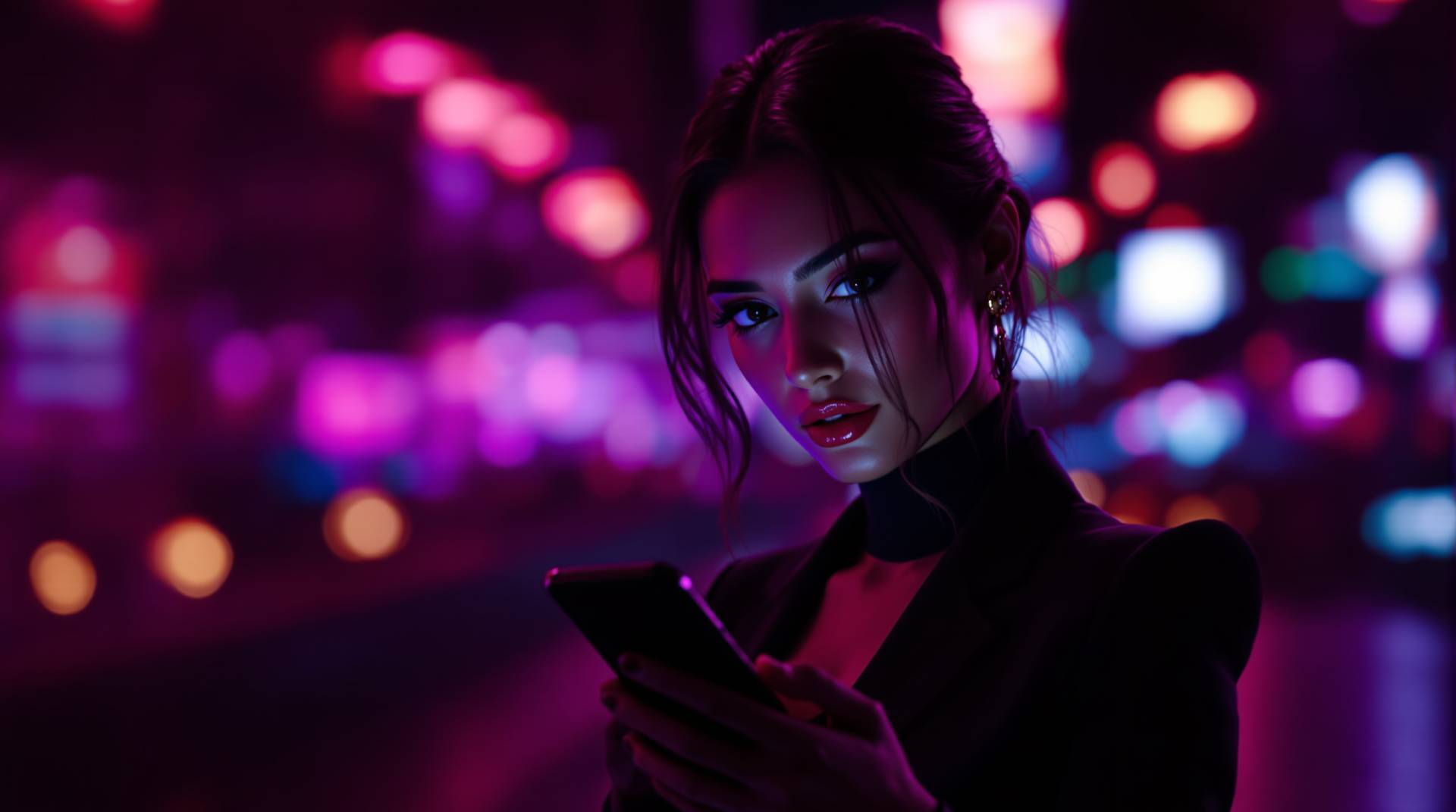 Woman in a black turtleneck holding a phone under magenta neon city lights