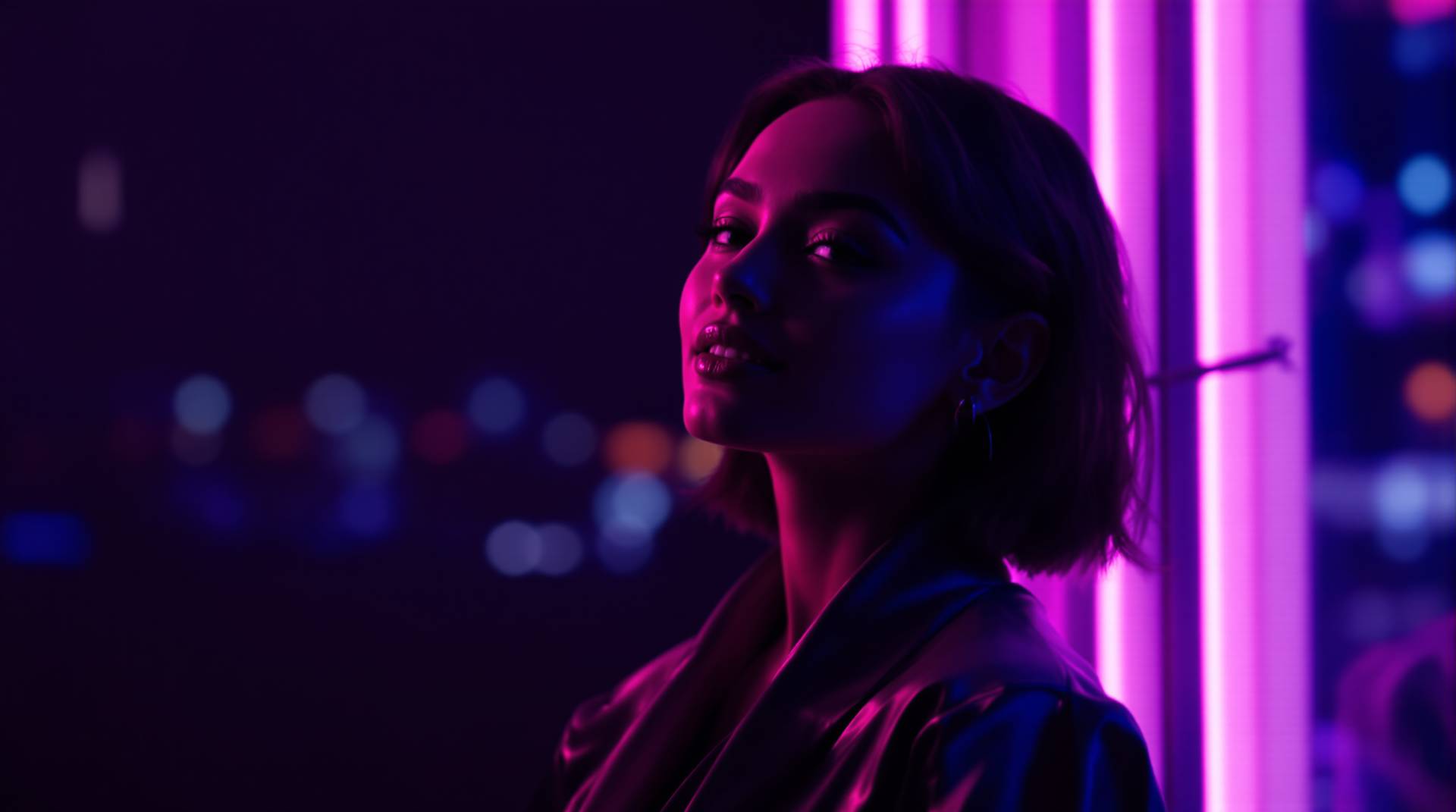 Short-haired woman in magenta neon light by a city window