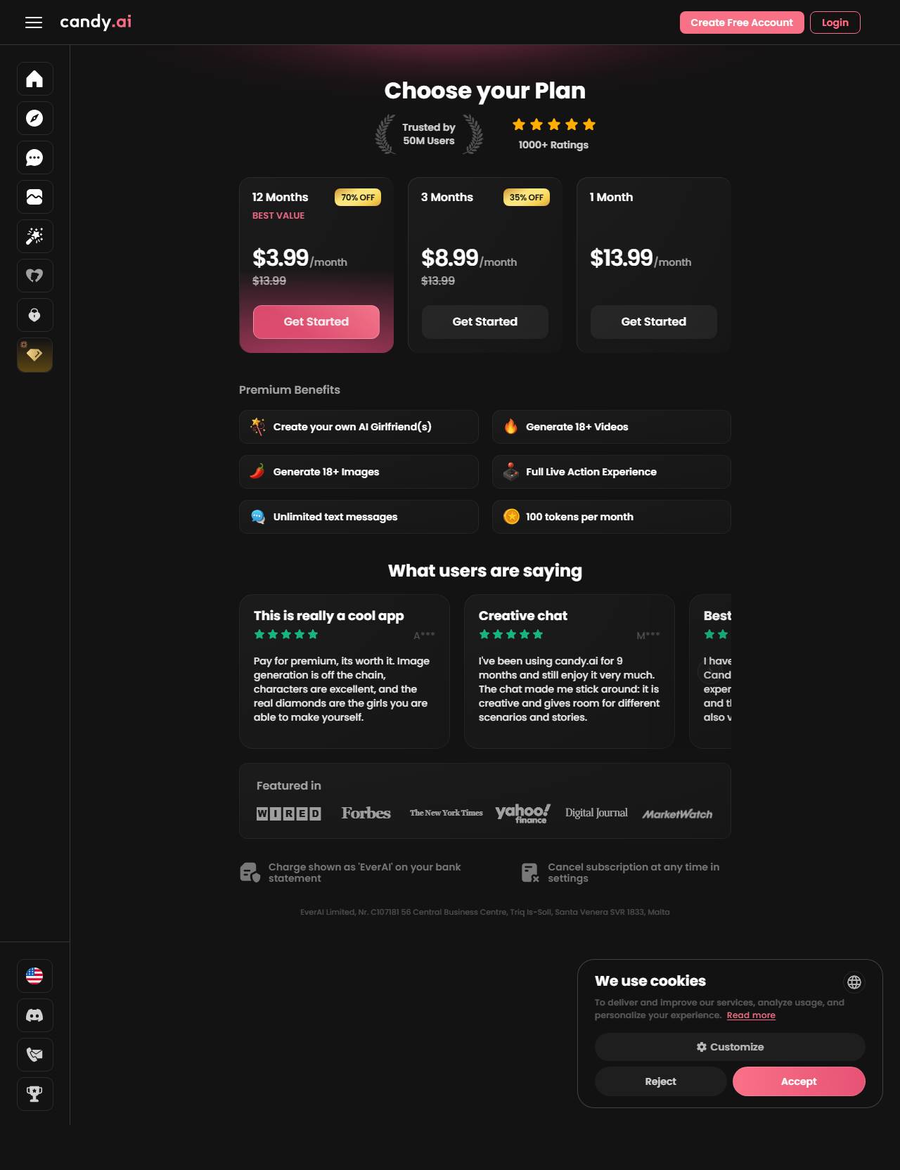 Candy.ai subscriptions page as of 2026-08-20, captured for Desire AI review