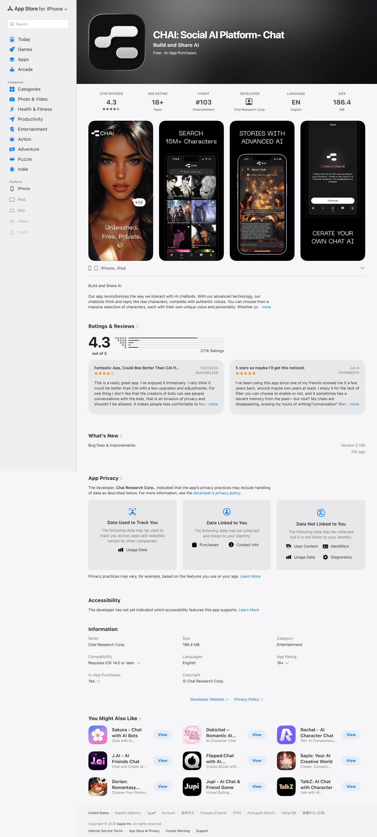 Chai iOS App Store listing as of 2026-08-20, captured for Desire AI review