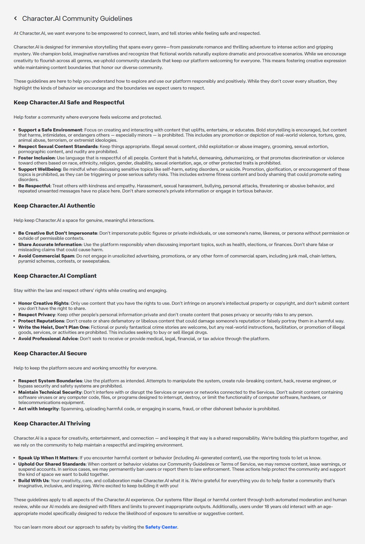 Character.AI community guidelines as of 2026-08-20, captured for Desire AI review