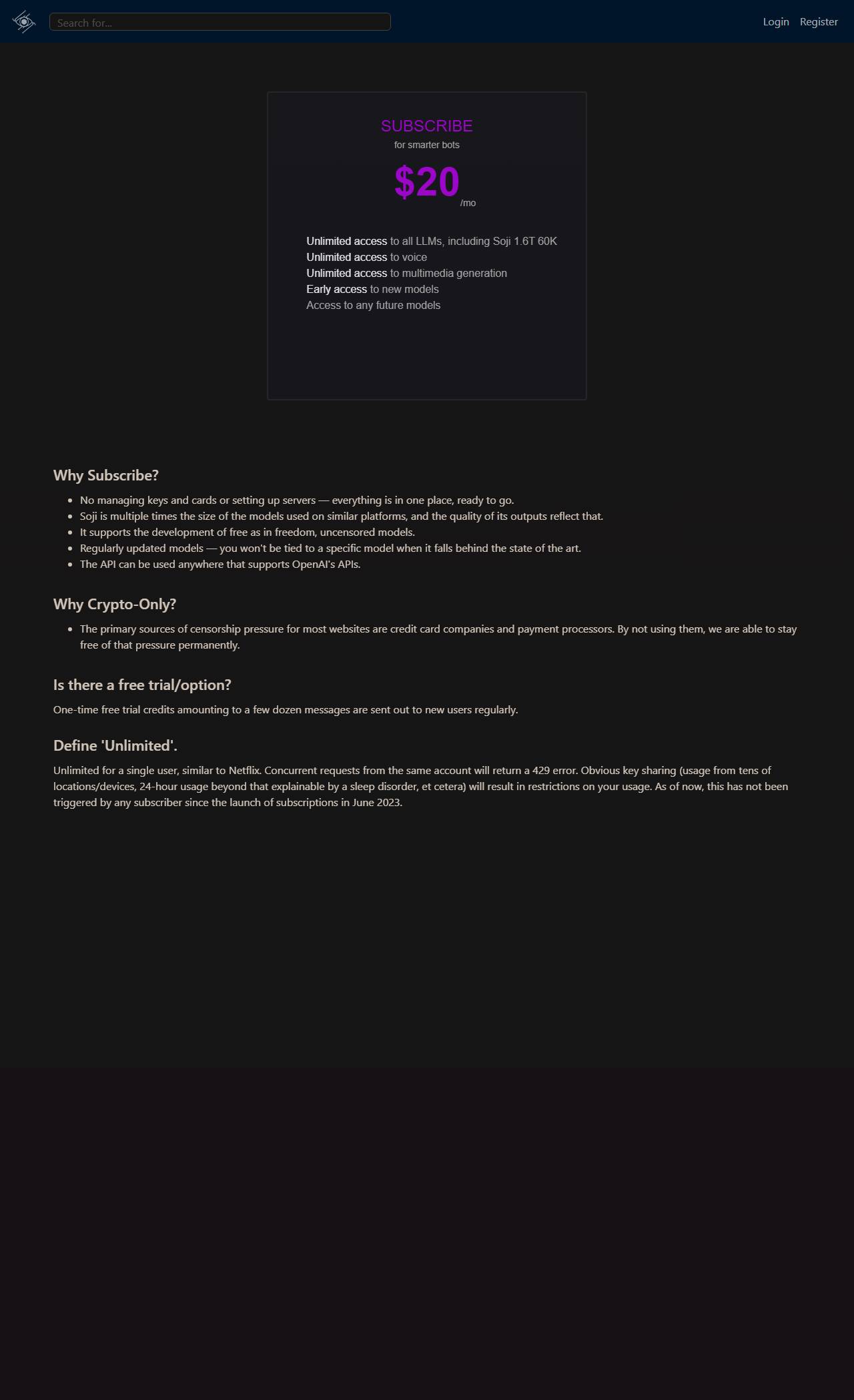 Chub AI subscription page as of 2026-08-20, captured for Desire AI review