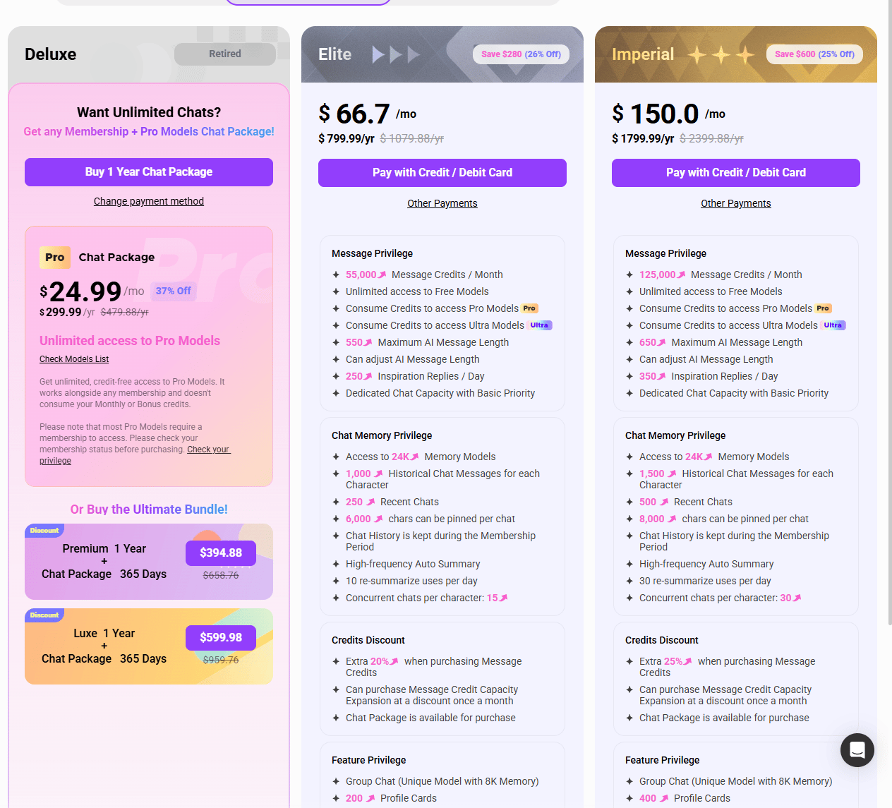CrushOn.ai pricing page as of 2026-08-19, captured for Desire AI review: Deluxe retired, Elite $66.7/mo, Imperial $150/mo