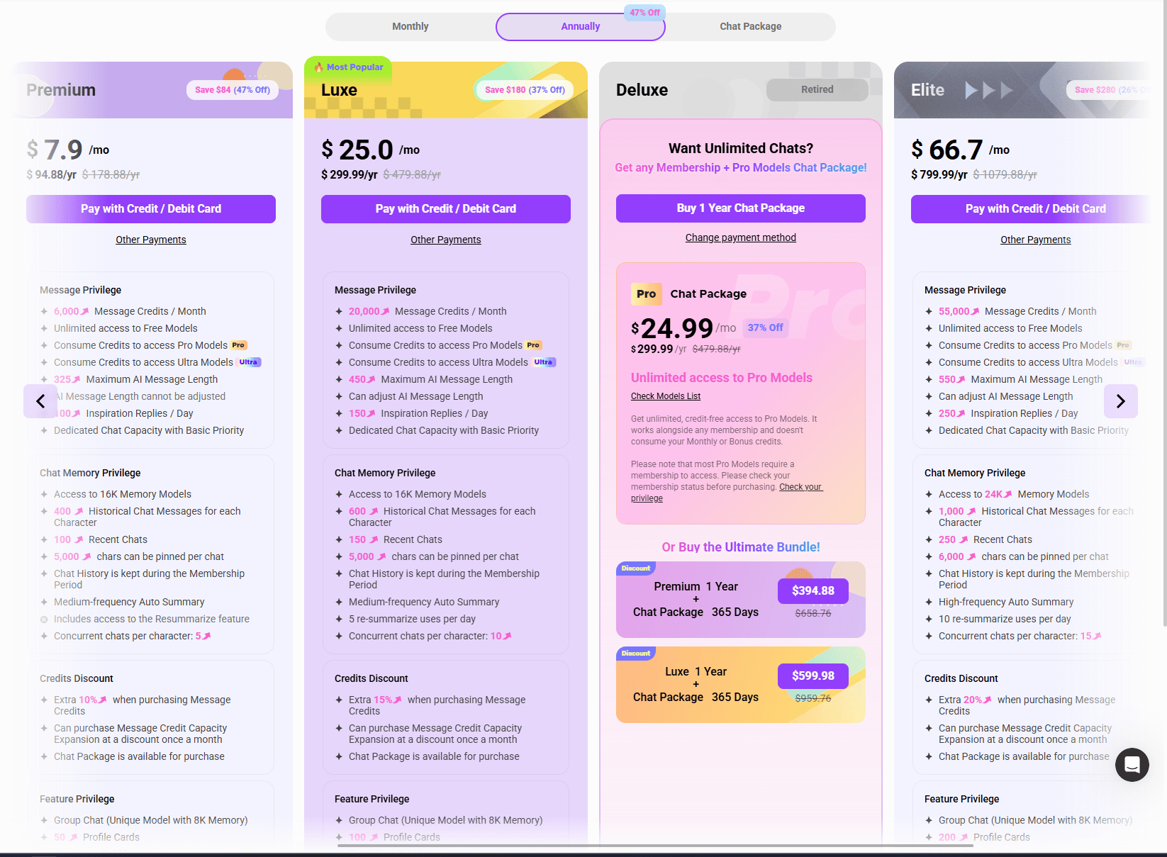 CrushOn.ai pricing page, annual tab, as of 2026-08-19, captured for Desire AI review: Premium $7.9/mo, Luxe $25/mo, Deluxe retired, Elite $66.7/mo
