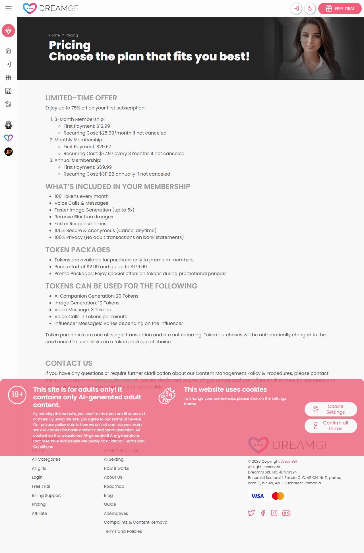 DreamGF pricing page as of 2026-08-20, captured for Desire AI review