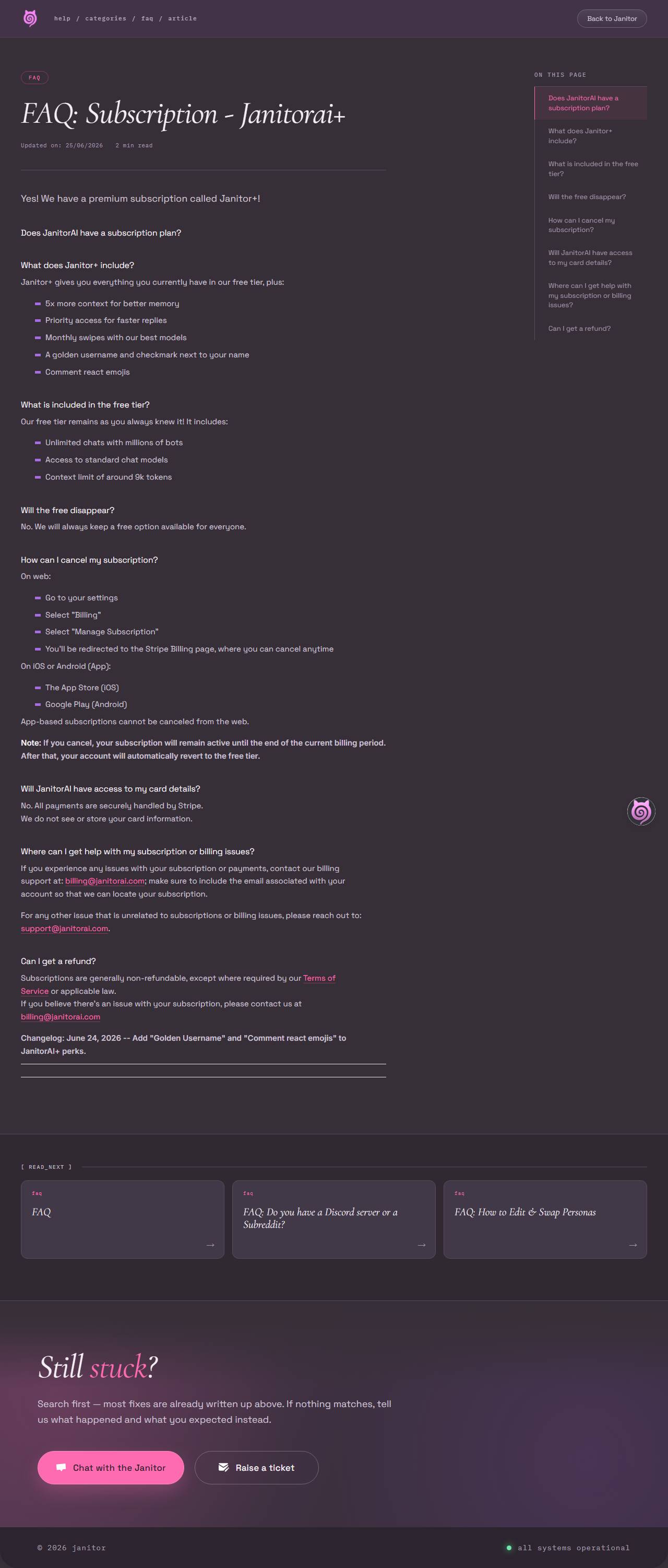 Janitor AI Subscription FAQ as of 2026-08-20, captured for Desire AI review