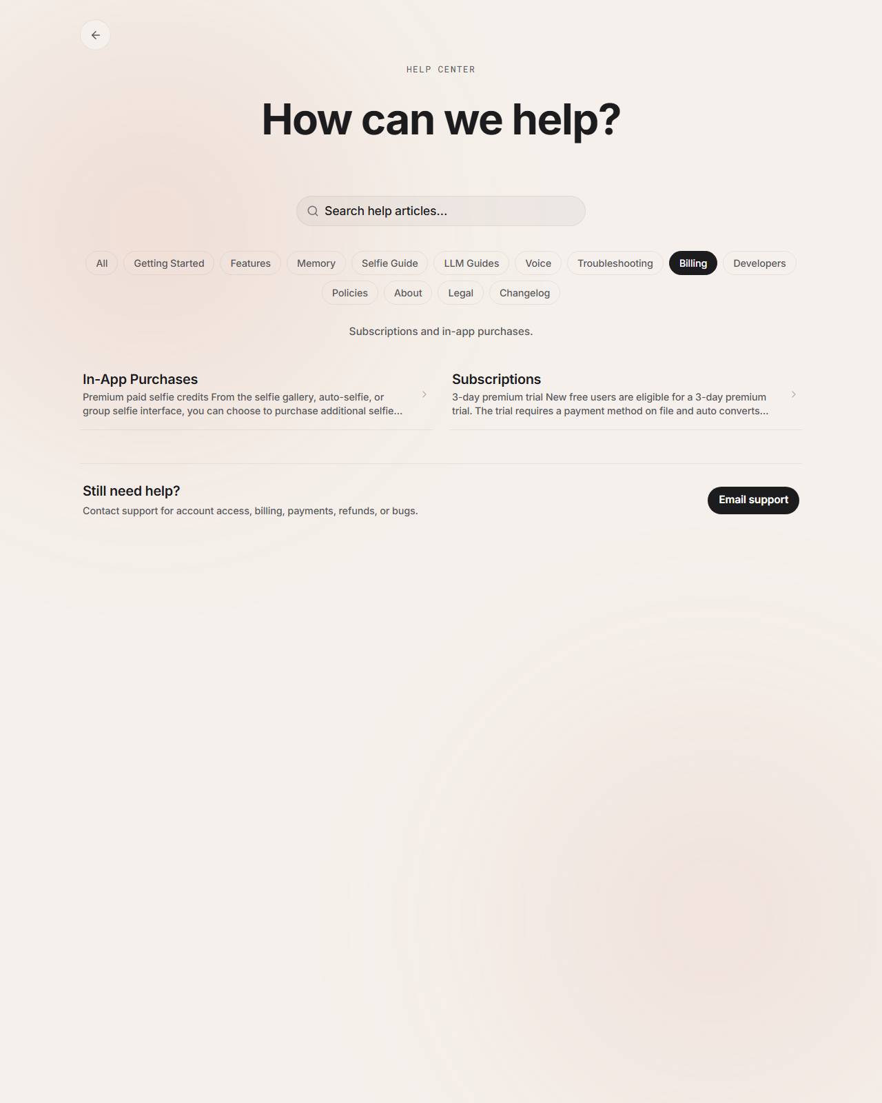 Kindroid help-center Billing category as of 2026-08-20, captured for Desire AI review