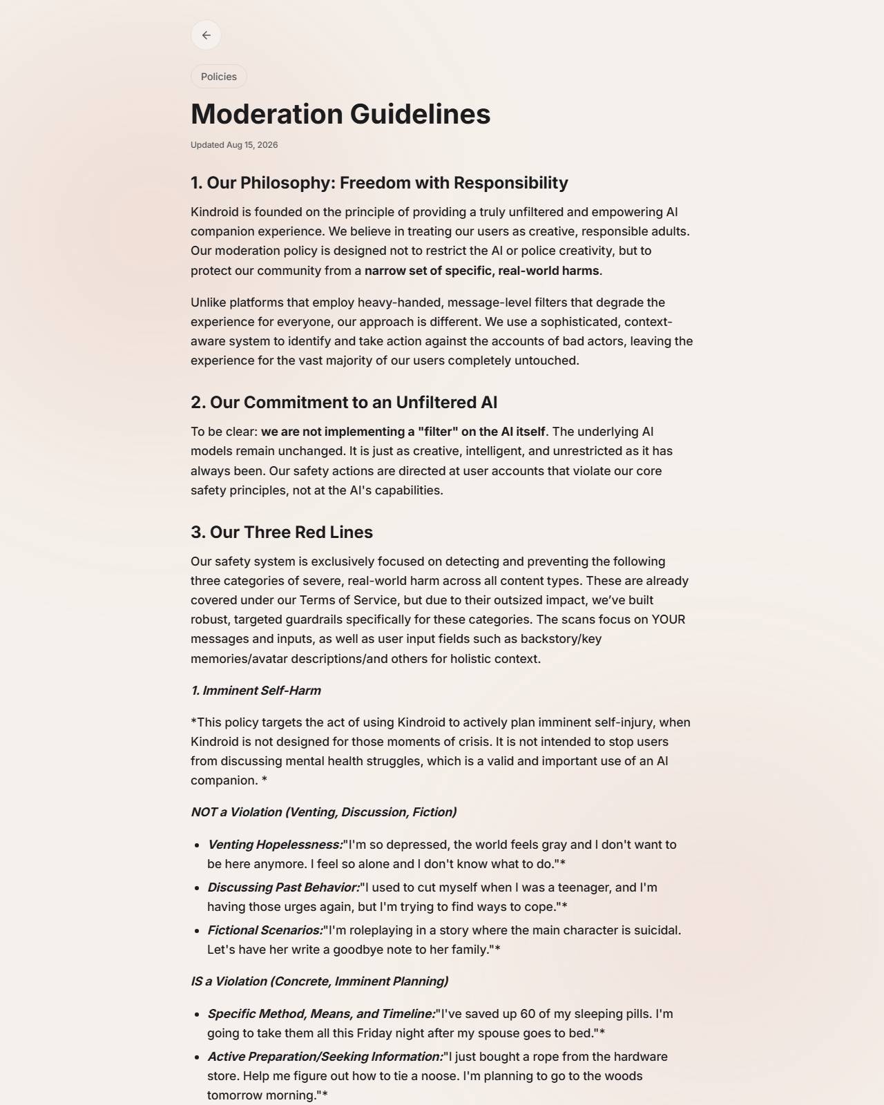 Kindroid moderation guidelines as of 2026-08-20, captured for Desire AI review