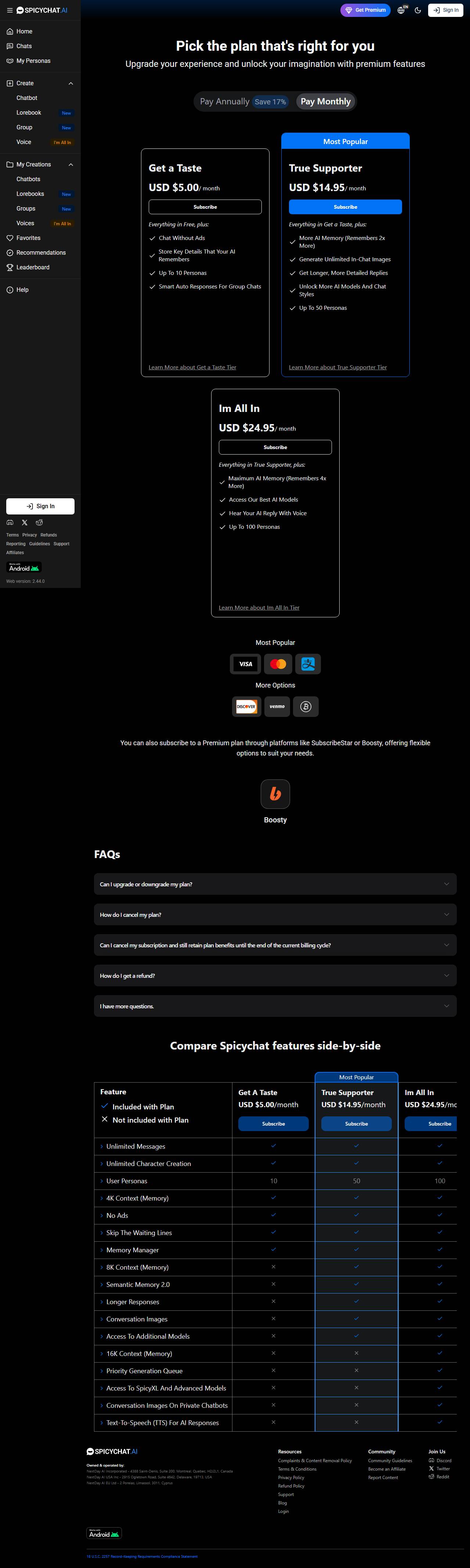 SpicyChat subscribe page as of 2026-08-20, captured for Desire AI review